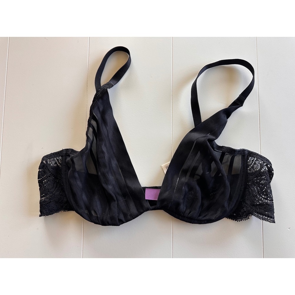 Adore Me Black Sheer Mesh Lace Unlined Underwire Bra 36C Striped Lingerie